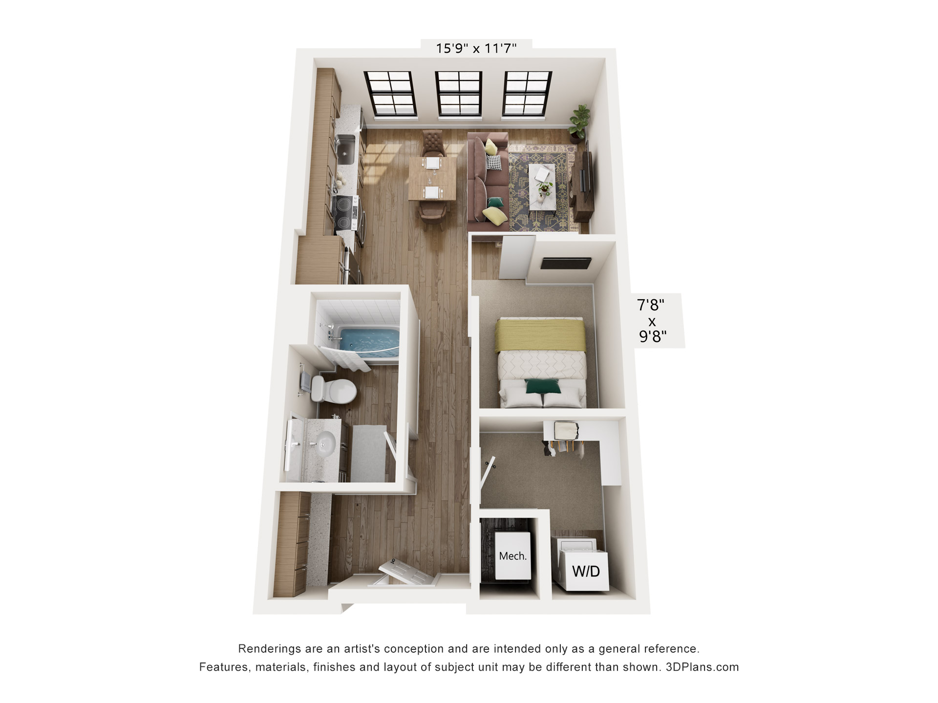 Floor plan for 1 bed, 1 bath, 605 sqft